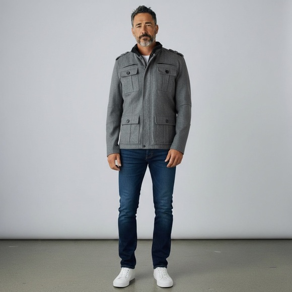 Guess 54% Wool Military Army Outdoor Coat– Men’s Medium- Gray Safari Rare Luxury - Picture 2 of 15